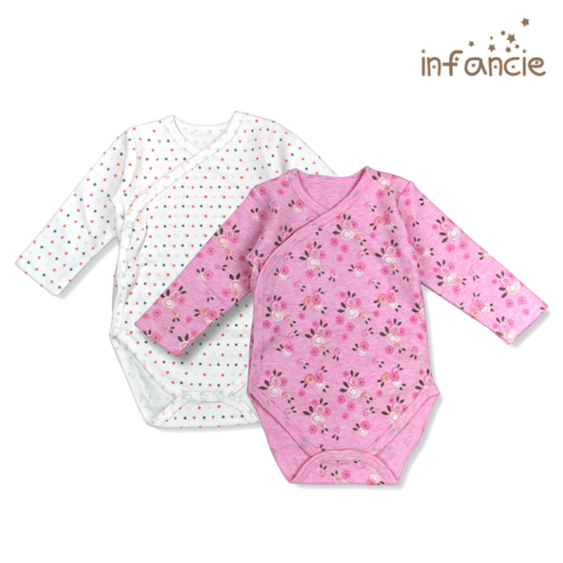 Infancie Newborn Baby Kimino Long Sleeves Bodysuit Setof 2 Pcs (100% Cotton) White / Pink
